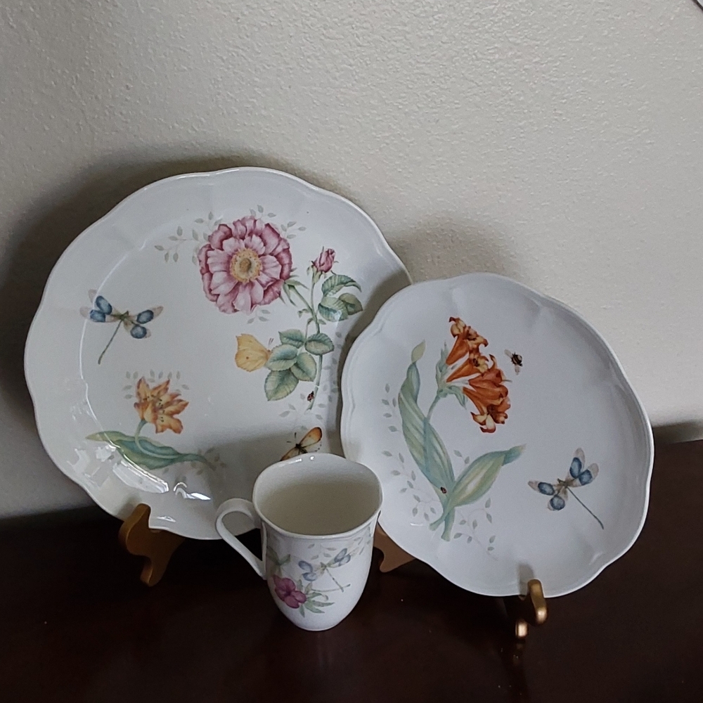 Lenox Butterfly Meadow " Dragon Fly" Floral Porcelain Dinnerware Set Of‎ 3